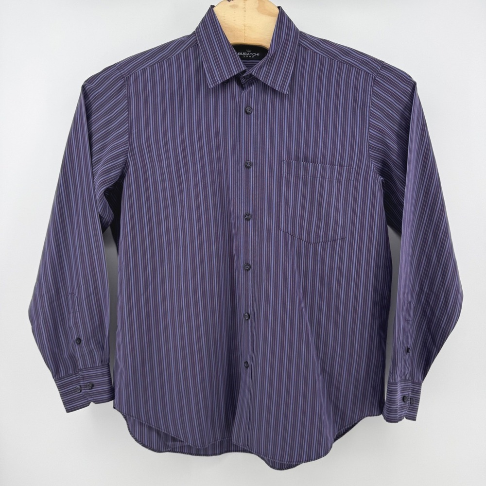 Bugatchi Uomo Men Large Purple Blue Striped Rayon Blend Long Sleeve Button Shirt - Picture 2 of 7
